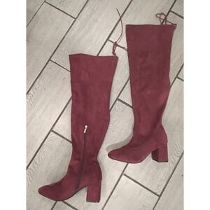 Justfab Burgundy Suede Over the Knee Boots Block Heel Lace Tie Women US 8.5